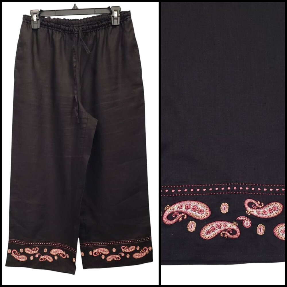Style‎ & Co Linen Cropped Wide Leg Pants Drawstring Embroidered Paisley SP
